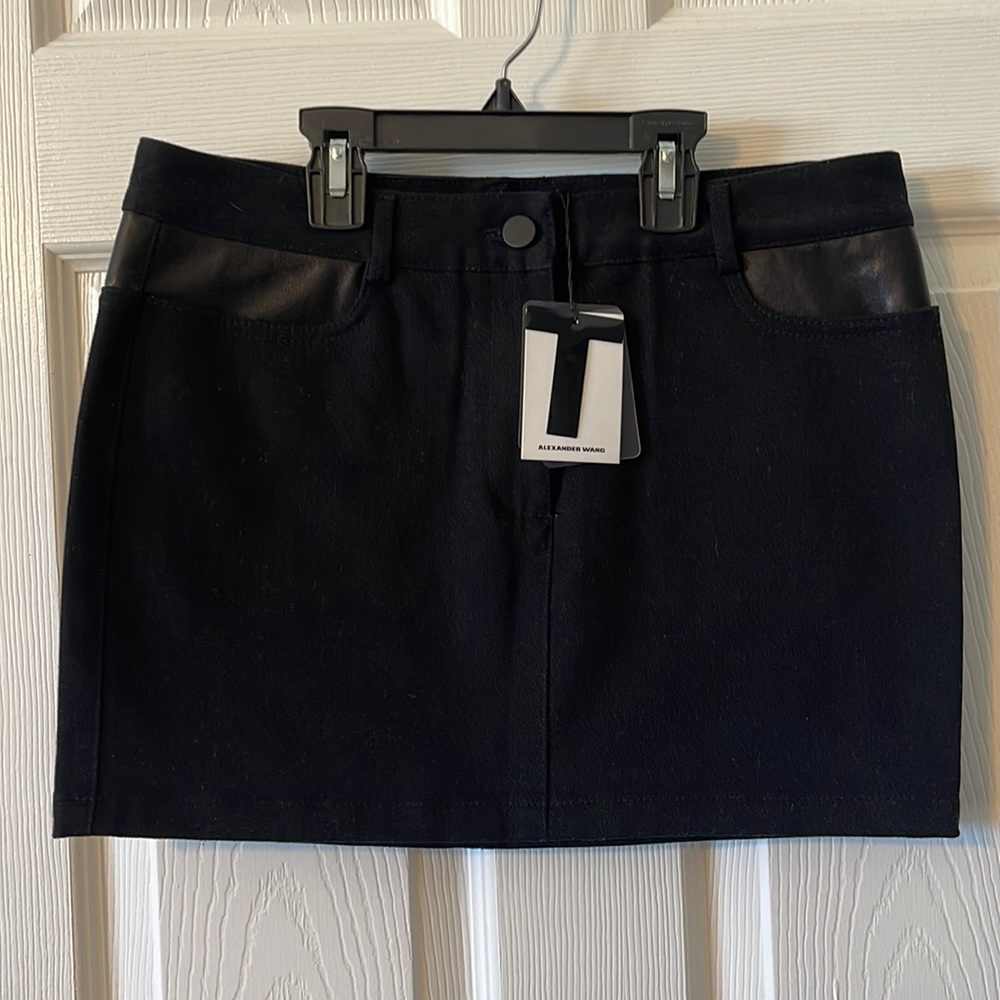 T by Alexander Wang Cotton Canvas Leather Detail Jean Mini Skirt size 27 Blk